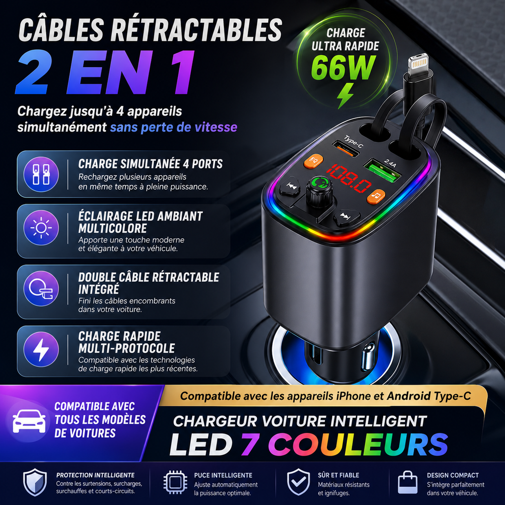 Chargeur Voiture Intelligent 4-en-1 avec Câbles Intégrés – Recharge Express