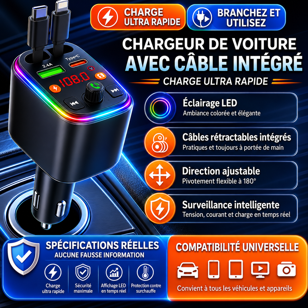Chargeur Voiture Intelligent 4-en-1 avec Câbles Intégrés – Recharge Express
