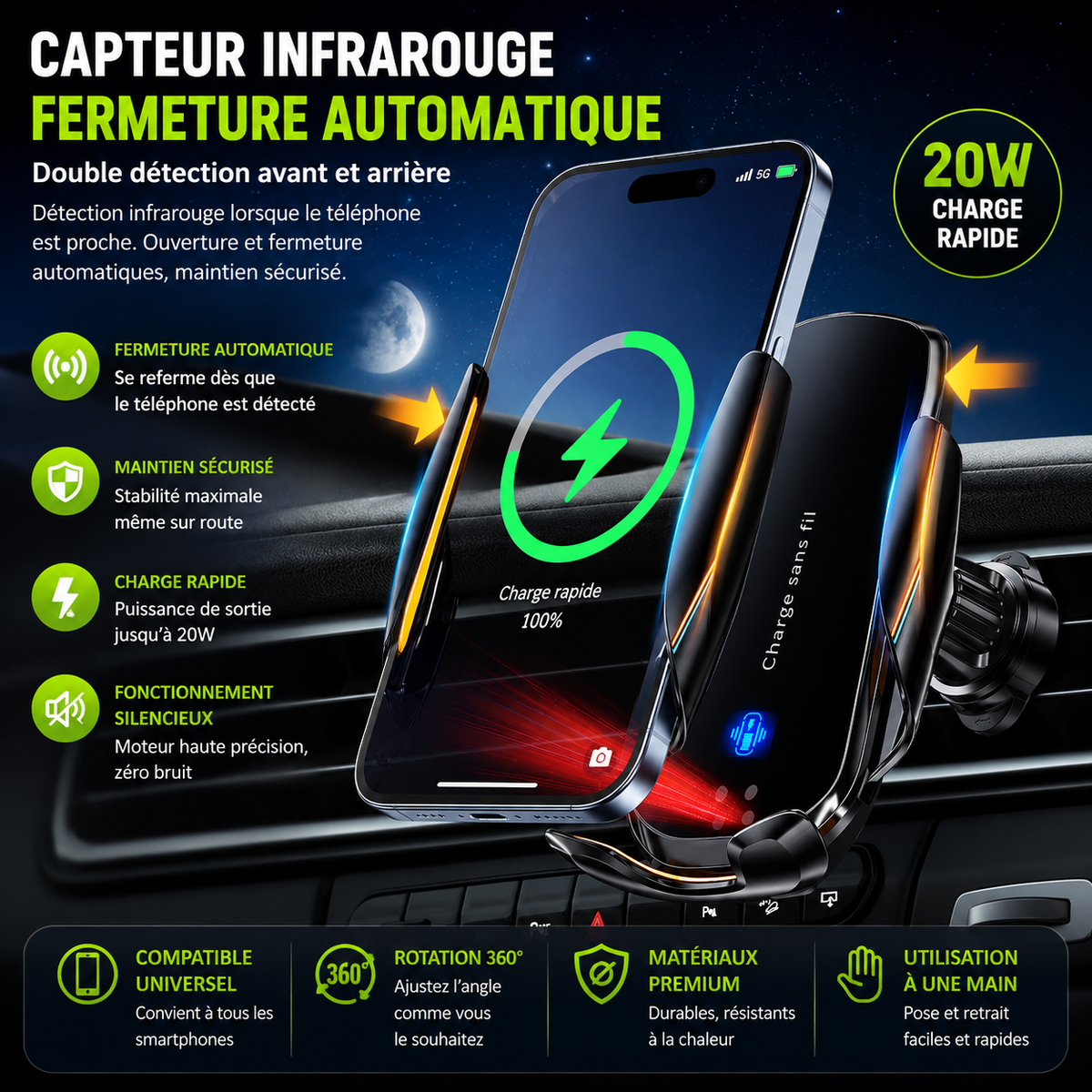 Chargeur Sans Fil Voiture 360° – Support Intelligent Universel