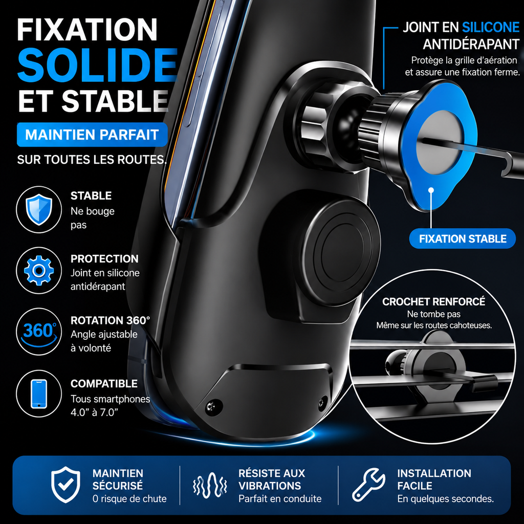 Chargeur Sans Fil Voiture 360° – Support Intelligent Universel