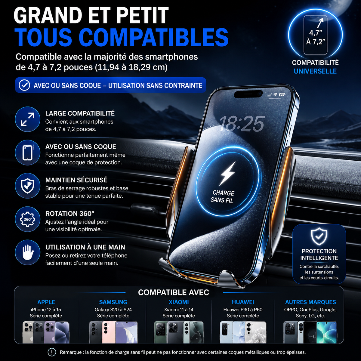 Chargeur Sans Fil Voiture 360° – Support Intelligent Universel
