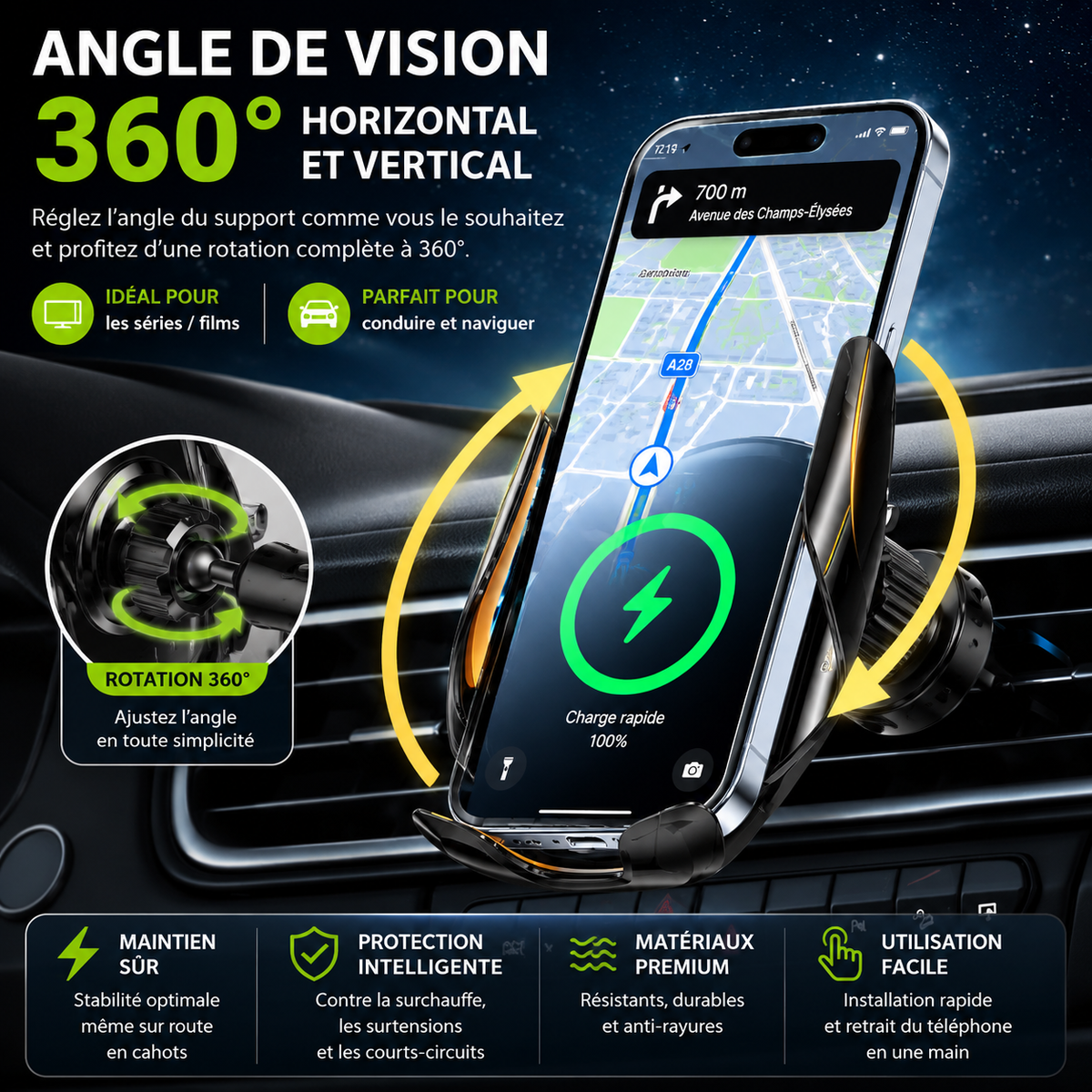 Chargeur Sans Fil Voiture 360° – Support Intelligent Universel
