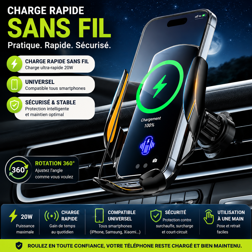 Chargeur Sans Fil Voiture 360° – Support Intelligent Universel